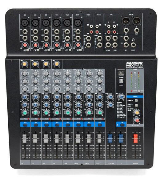 Samson MXP144FX - 14-Channel Analog Stereo Mixer with Effects and USB Audio Streaming, showing the front view of the mixer.