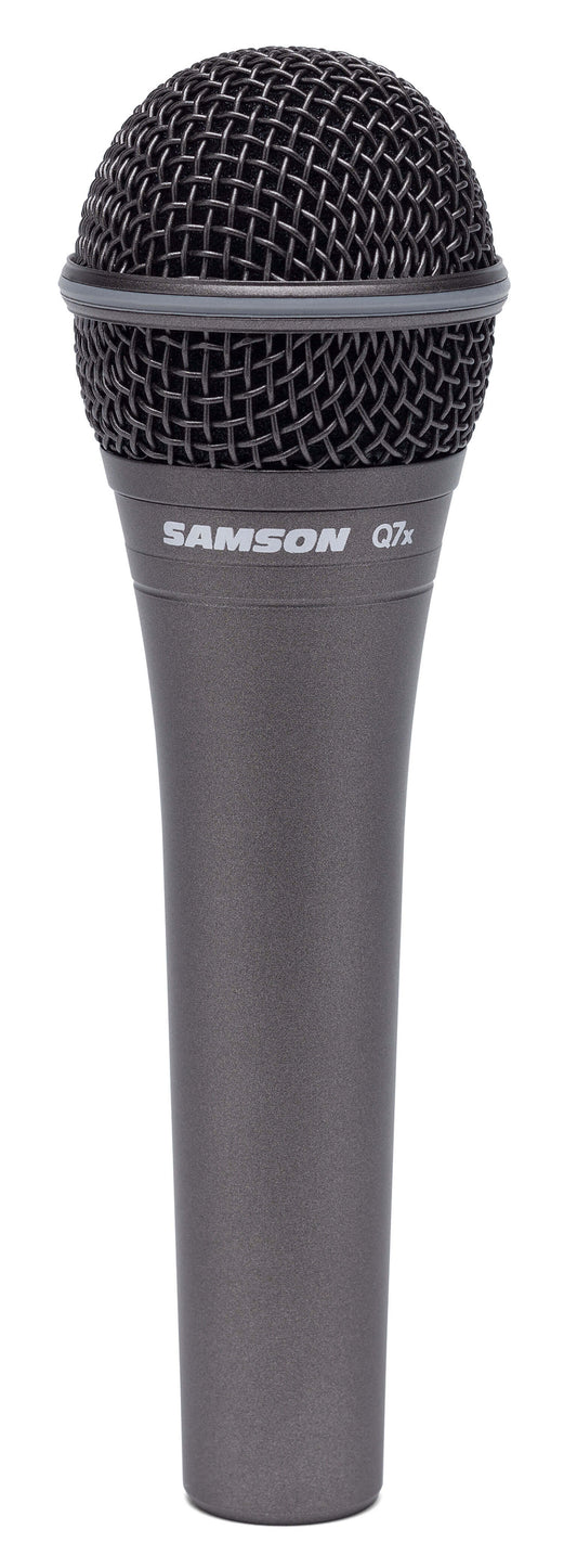 Samson Q7x Neodymium Dynamic Vocal Microphone with supercardioid pattern, designed for high SPL handling and featuring an improved shockmount.