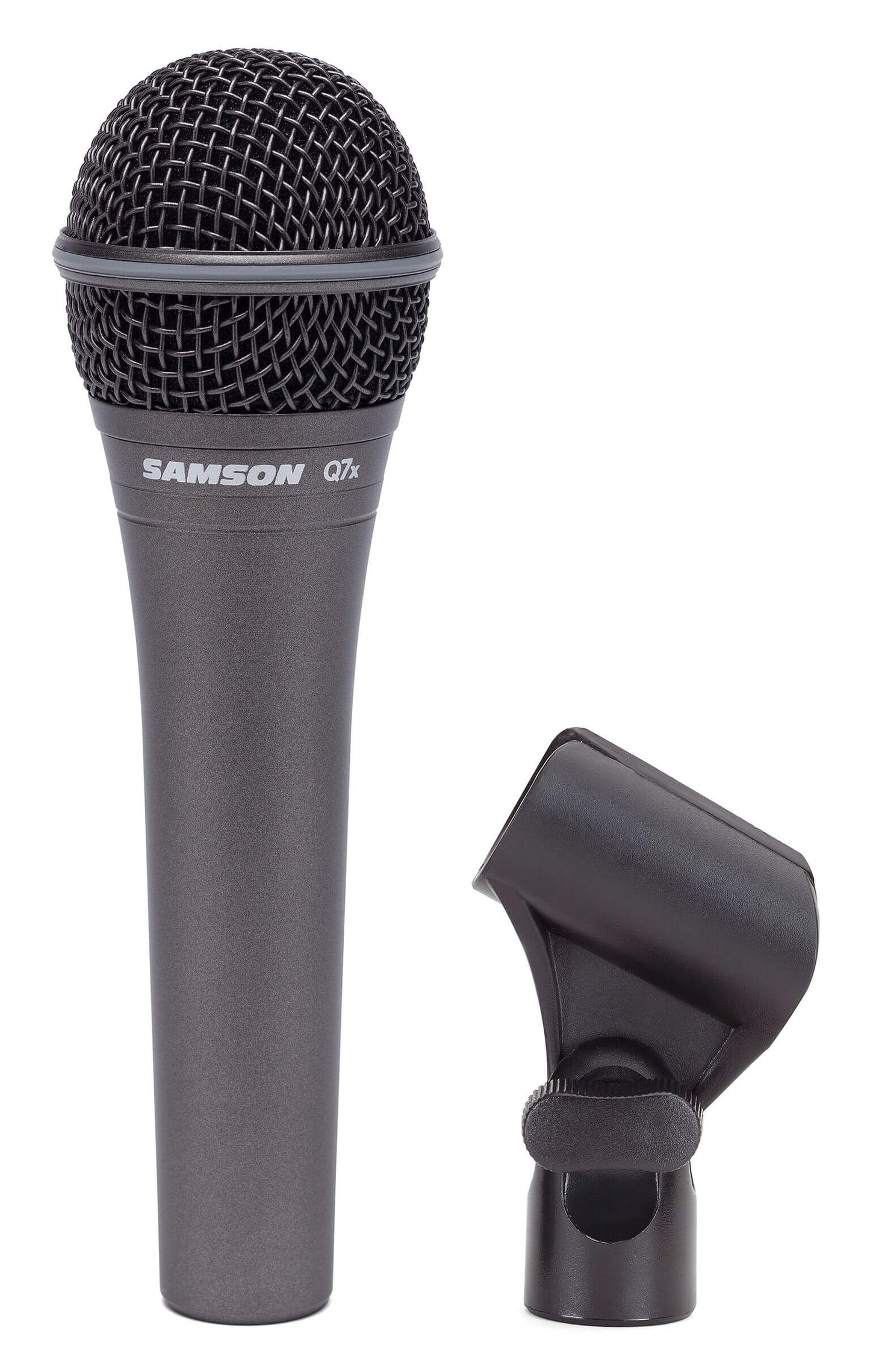 Samson Q7x dynamic vocal microphone featuring a supercardioid pattern, high SPL handling, and improved shockmount.