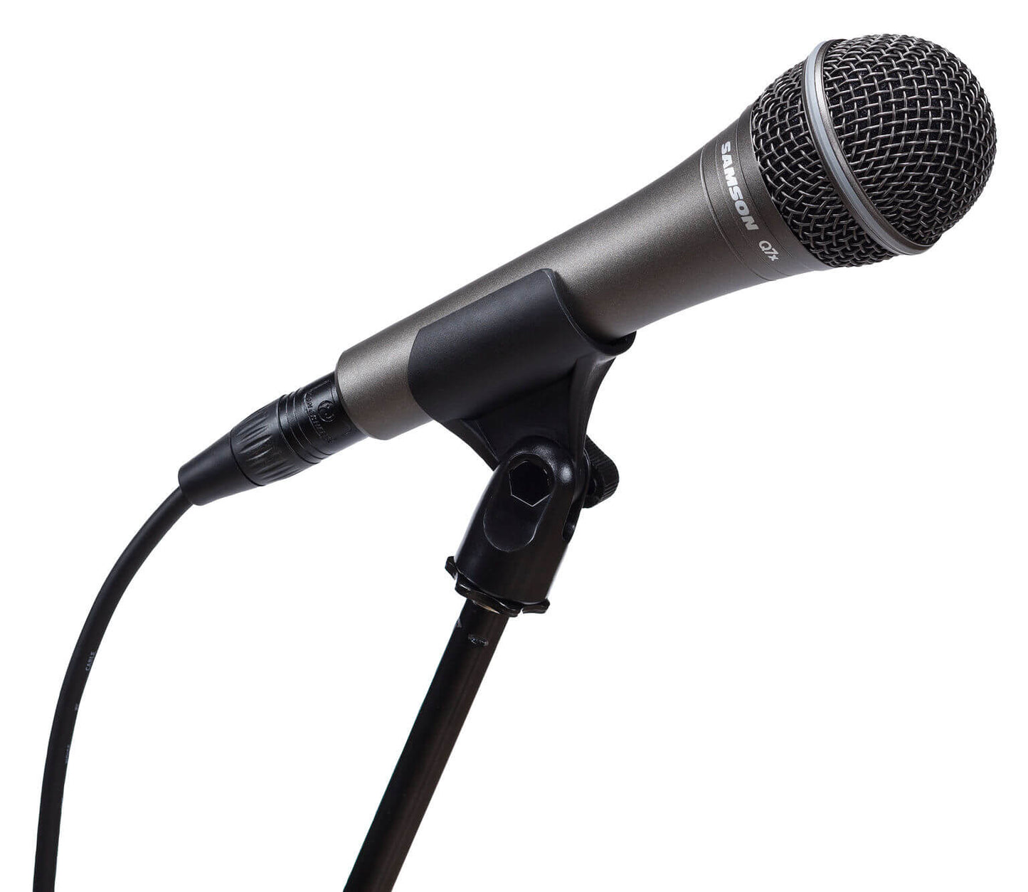 Samson Q7x dynamic vocal microphone with supercardioid pattern and improved shockmount, displayed on a stand.