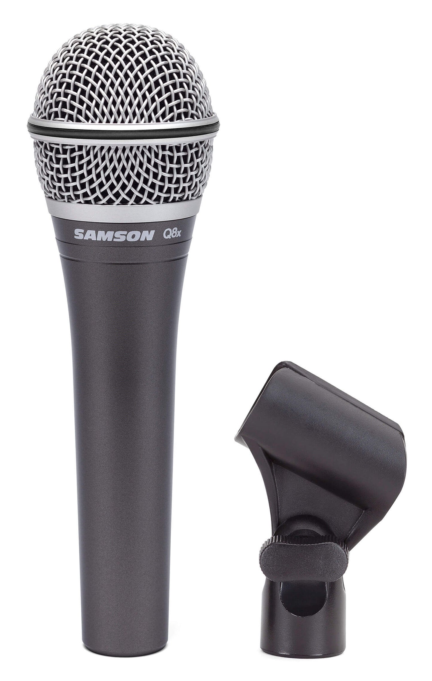 Samson Q8x dynamic microphone with supercardioid pattern and microphone clip.