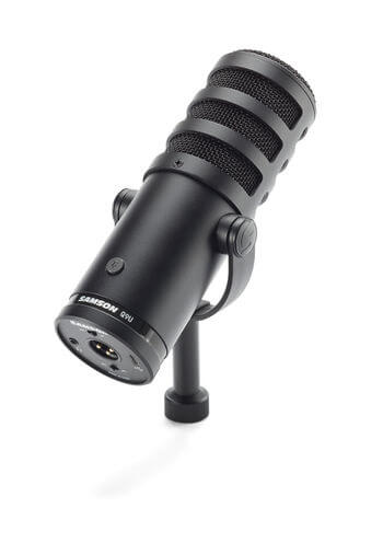 Samson Q9U broadcast dynamic USB/XLR microphone shown from an angled back view, highlighting its design and onboard mute switch.
