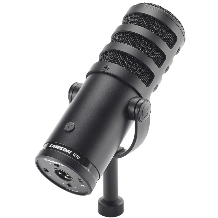 Samson Q9U Broadcast Dynamic USB/XLR Microphone showcasing its design and features.