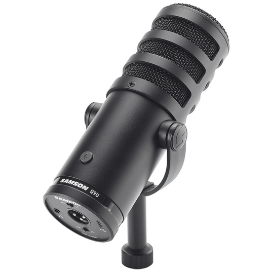 Samson Q9U Broadcast Dynamic USB/XLR Microphone showcasing its design and features.