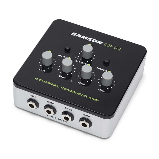 Samson QH4 4-Channel Stereo Headphone Distribution Amplifier with individual volume controls and master mute switches.