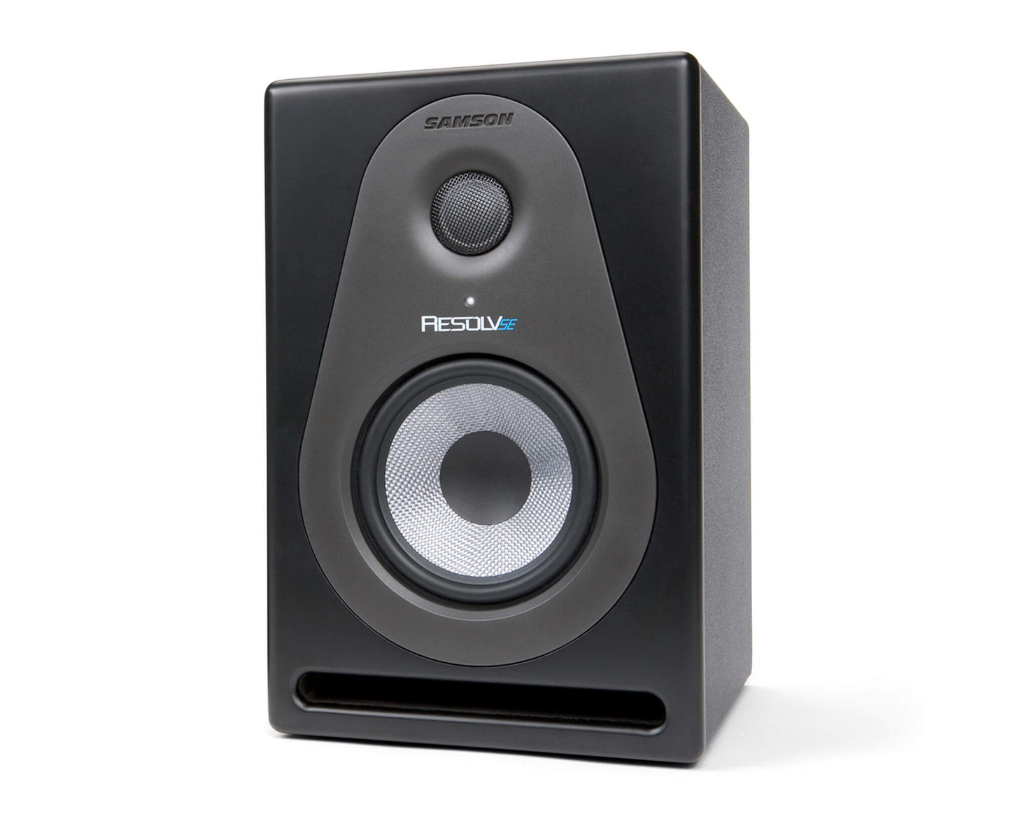 Samson Resolve SE5 active 5-inch studio monitor speakers in a pair, showcasing bi-amp 50W LF and 25W HF specifications.