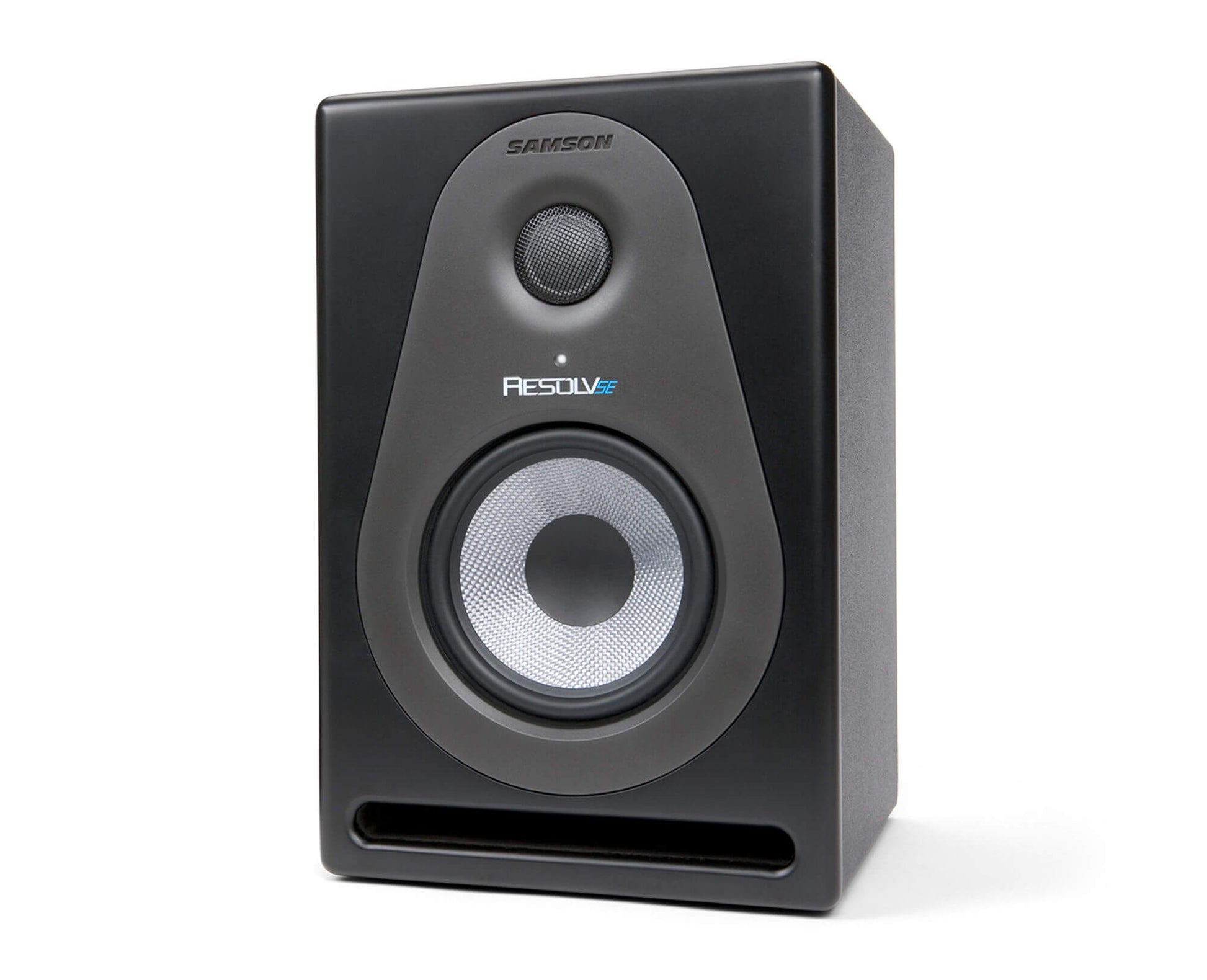 Samson Resolve SE5 active 5-inch studio monitor speakers in a pair, showcasing bi-amp 50W LF and 25W HF specifications.