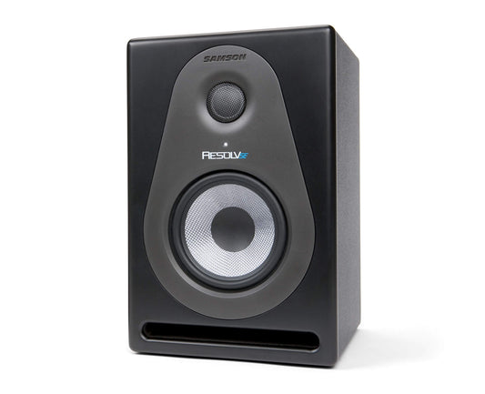 Samson Resolve SE5 active 5-inch studio monitor speakers in a pair, showcasing bi-amp 50W LF and 25W HF specifications.