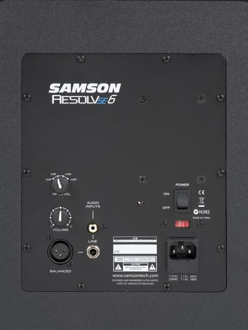 Samson Resolve SE6 active 6.5 inch studio monitor speakers in a pair, featuring bi-amp 75W LF and 25W HF.