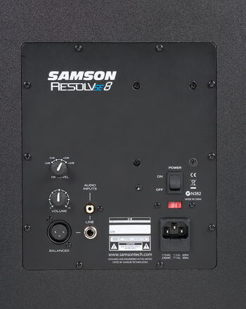 Back view of the Samson Resolve SE8 active 8-inch studio monitor showcasing the bi-amp configuration with 75W LF and 25W HF.