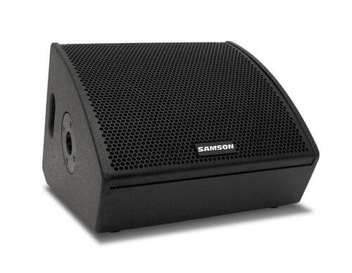 Image of the Samson RSX M10A, a lightweight Class D 800W 10-inch 2-way active stage monitor, displayed at an angle.