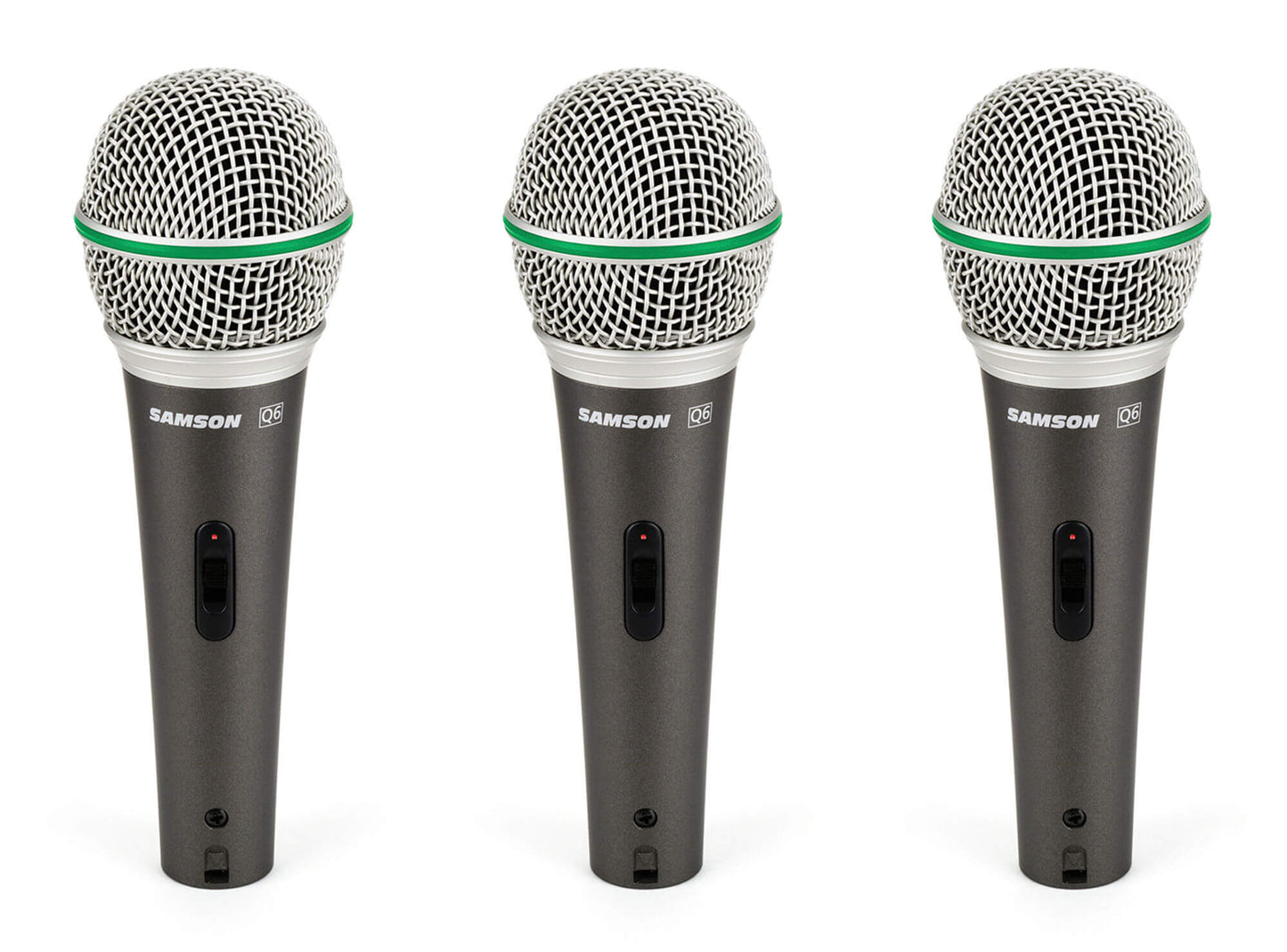 Samson SAQ6 3-Pack of Q6CL Neodymium Dynamic Microphones featuring a supercardioid pattern, designed for high SPL handling, with included clips.