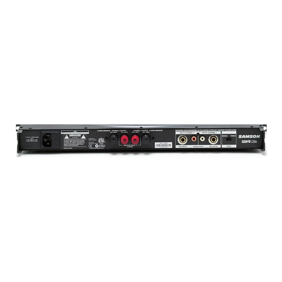 Back view of the Samson Servo 120a Reference Class 1U Amplifier showing its connectivity options.