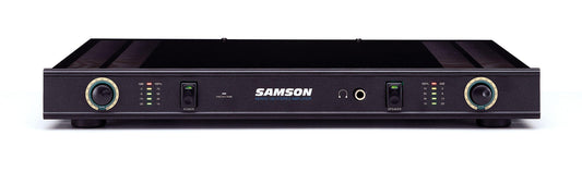 Samson Servo 120a Reference Class 1U Amplifier showcasing its sleek design and specifications, providing 2x60W at 4Ω and 120W at 8Ω bridged.