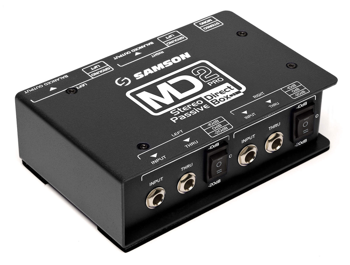 Samson S-Max MD2Pro stereo passive direct box featuring dual STLX mu-metal shielded transformers, with stereo/mono switch, attenuation switches, ground lifts, and 1/4" I/O.
