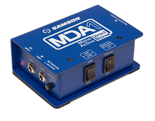 Samson S-Max MDA1 Mono Active Direct Box with Attenuation Switch, showcasing its features and design.