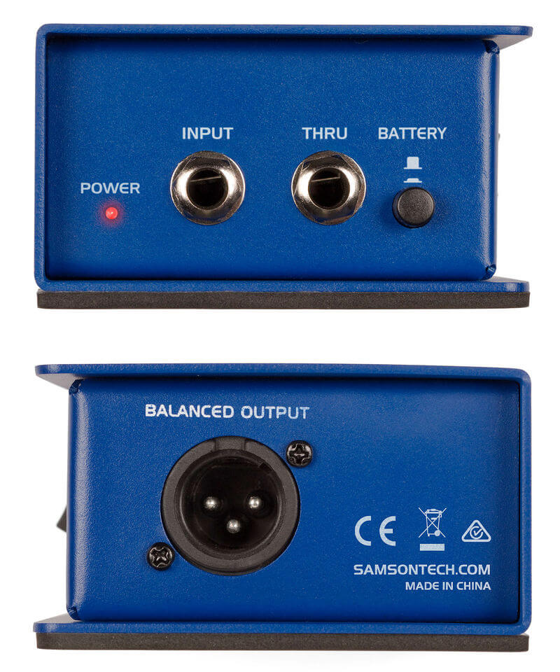 Samson S-Max MDA1 Mono Active Direct Box with attenuation switch and ground lift, featuring 1/4" I/O and phantom/battery power options.
