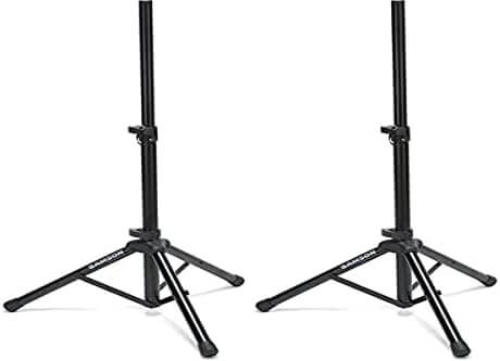 Pair of Samson SP50P heavy-duty speaker stands with adjustable height and carrying bag, capable of supporting up to 50kg.