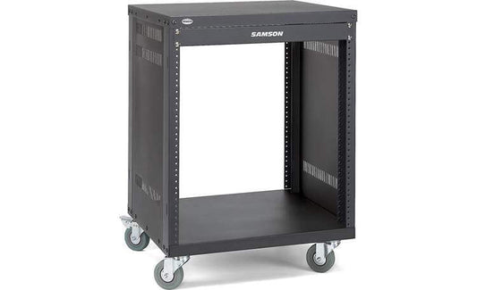 Samson SRK12 - 12U Solid Steel Equipment Rack with Locking Casters, showcasing its sturdy design and mobility features.