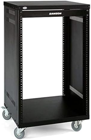 Samson SRK16 - 16U Solid Steel Equipment Rack with Locking Casters, showcasing a sturdy black metal design with wheels for mobility.