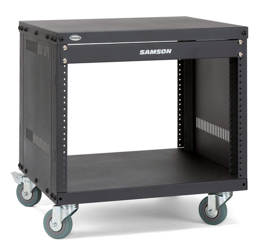 Samson SRK8 8U Solid Steel Equipment Rack with Locking Casters, showcasing its robust design and mobility features.