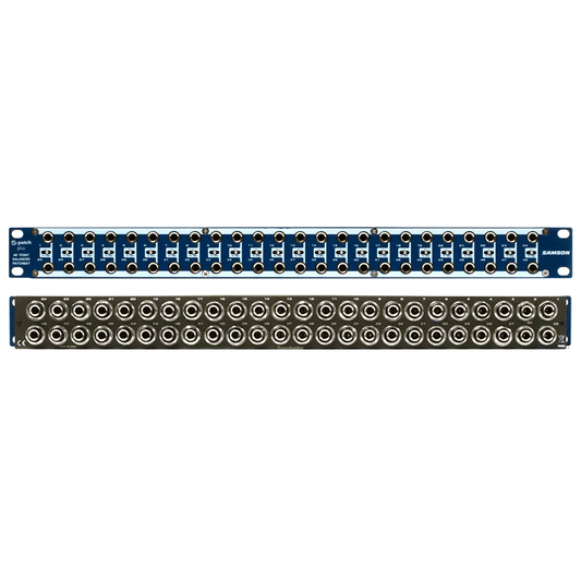 Samson S-Patch+ 48-Point Balanced Patch Bay with mode switches, showcasing its design and functionality.