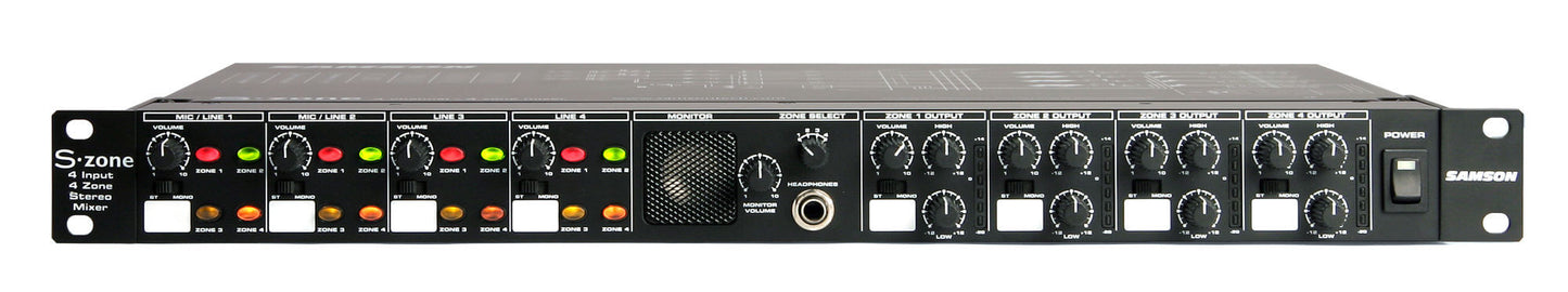 Samson S-Zone 4-Channel Stereo Mixer with Ducking and Stereo CD/Line Inputs in black