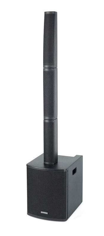 Samson VX81 portable column array system featuring a 12-inch subwoofer and eight 3.5-inch satellite speakers, with a 3-channel mixer and Bluetooth connectivity.