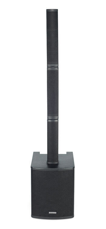 Samson VX81 portable column array system featuring a 12-inch subwoofer and eight 3.5-inch satellite speakers, equipped with a 3-channel mixer, Bluetooth connectivity, and DSP presets.