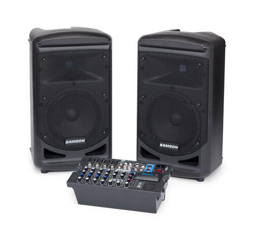 Samson XP1000B portable all-in-one sound system featuring a 1000W output, Bluetooth capability, removable 10-channel mixer, USB wireless port, and DSP effects.