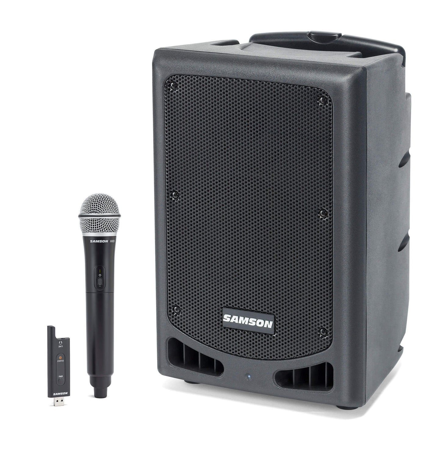 Samson XP208w Rechargeable Portable PA System featuring an 8-inch woofer, 1-inch tweeter, a 4-channel mixer, Bluetooth capability, and an XPD2 wireless handheld microphone.