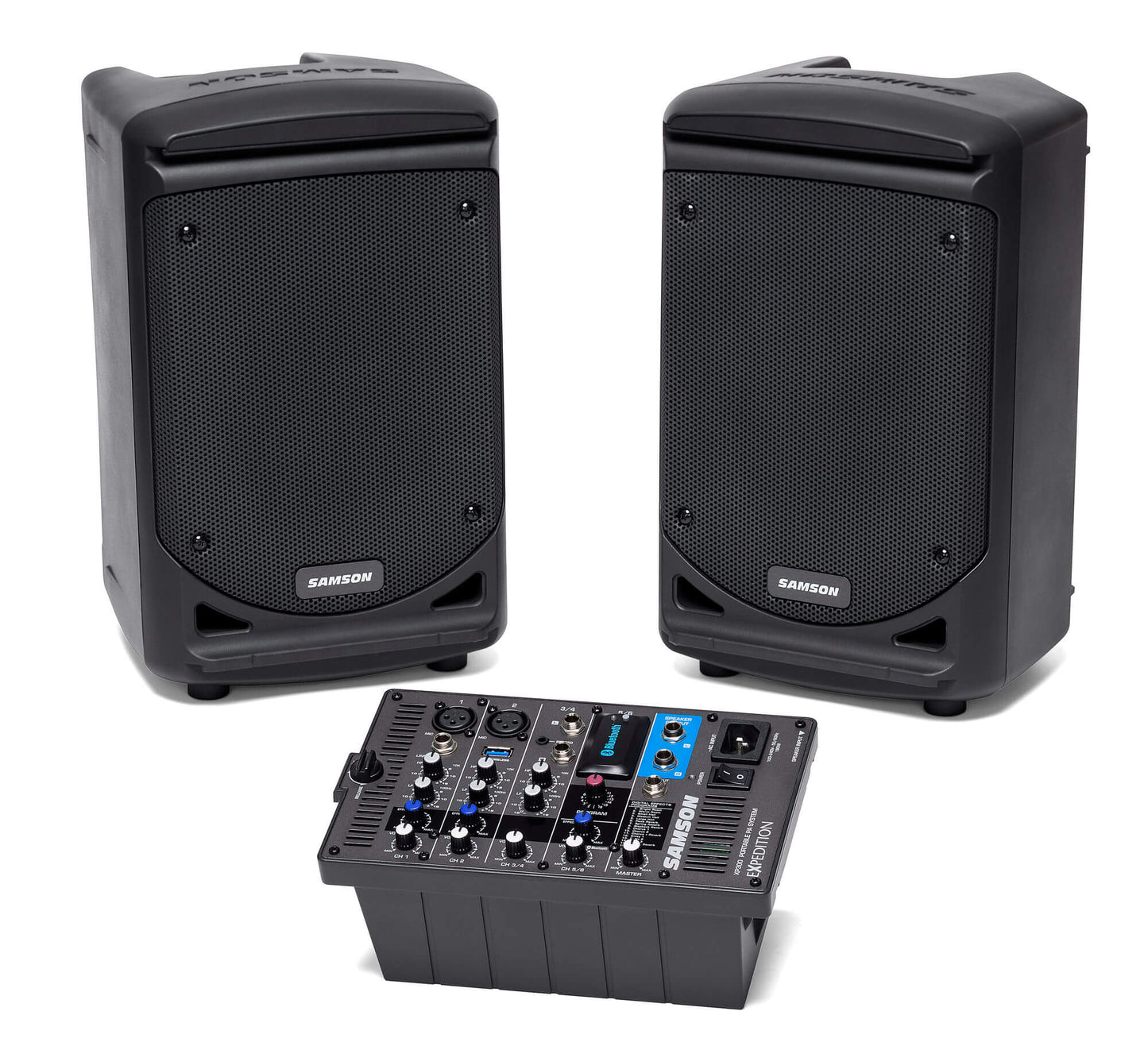Samson XP300B portable all-in-one 300W Bluetooth-enabled sound system featuring a removable 6-channel mixer, USB wireless port, and DSP effects.