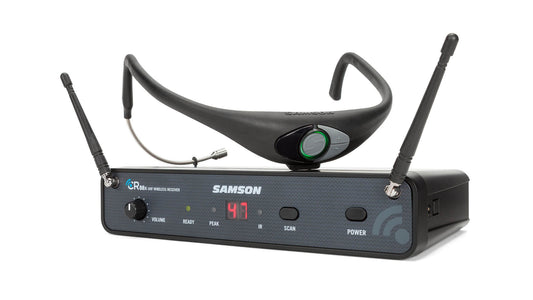 Samson AirLine 88x AH8 G - UHF Wireless Fitness System featuring AH8 Micro Headset Transmitter and AE50x Mic displayed in a professional setting.