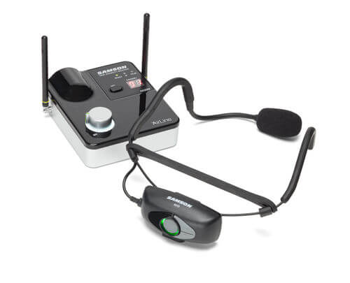 Samson AirLine 99 AH9 QE G Compact UHF Wireless Fitness System featuring AH9 headset transmitter and QE microphone.