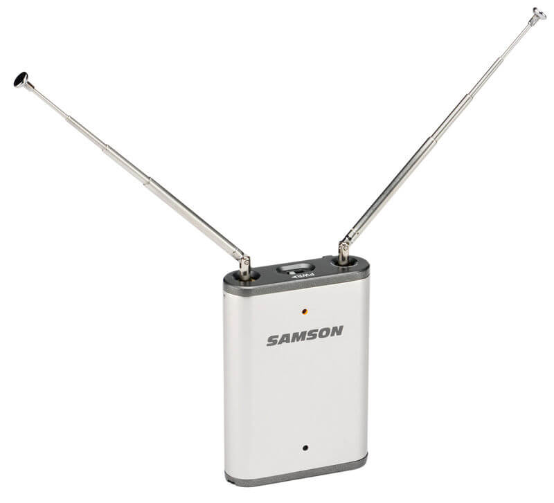 Samson AirLine Micro ES wireless earset system displayed at an angle, showcasing its compact design and features.