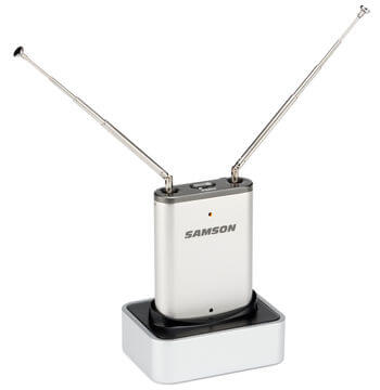 Samson AirLine Micro ES Wireless Earset System displayed on a dock.