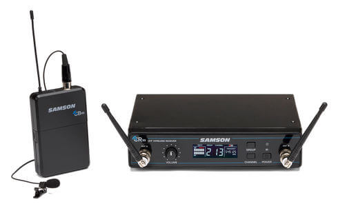 Samson Concert 99 LM10 UHF Wireless System with LM10 Lavalier Microphone displayed in a presentation setting.