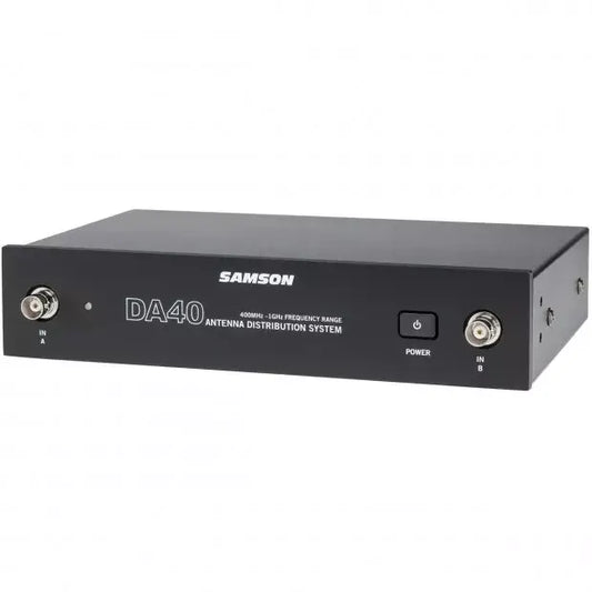 Samson DA40 Wideband UHF Antenna Distribution System designed for four wireless receivers, featuring an angled view.
