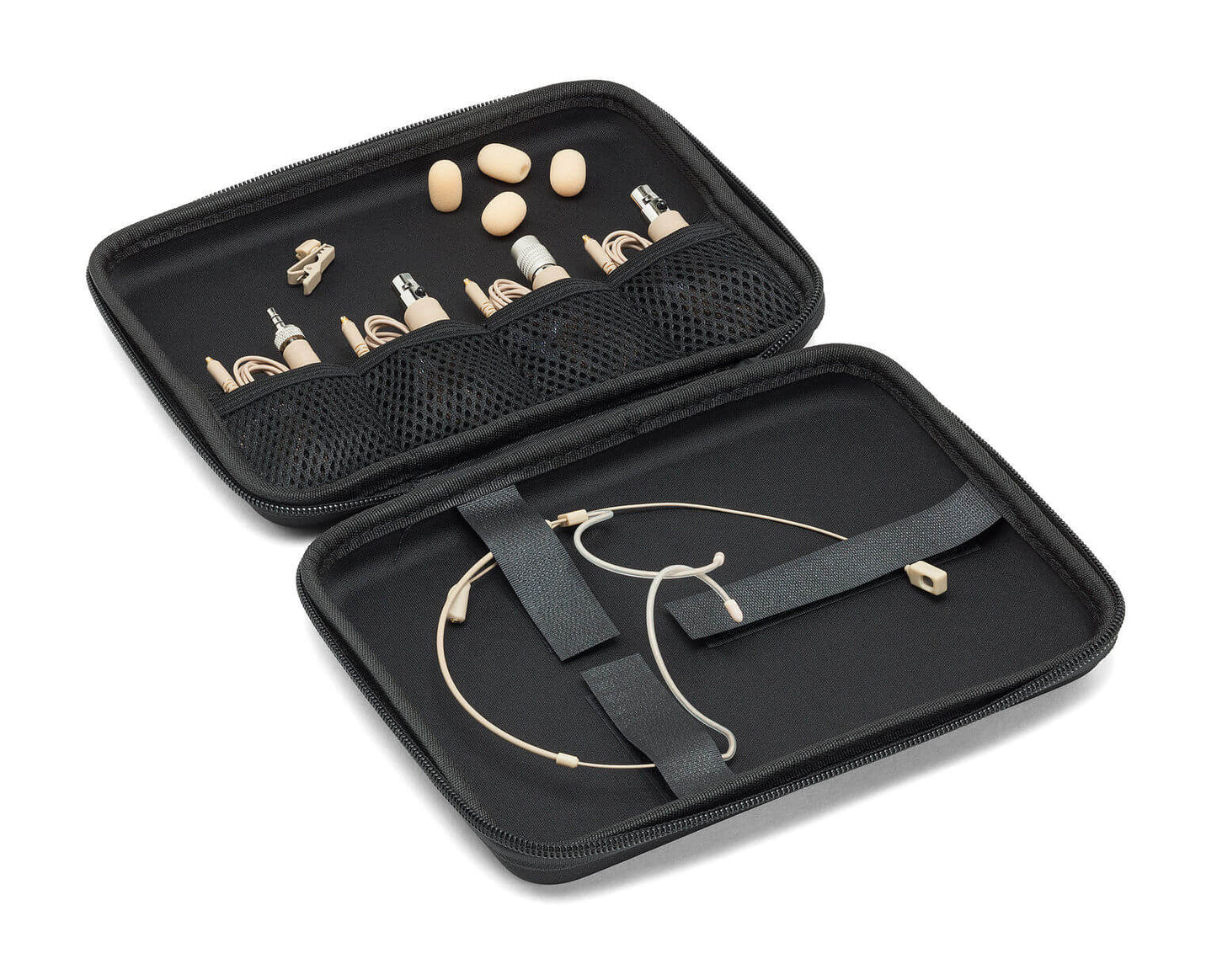 Samson DE60x low-profile miniature cardioid condenser headset microphone displayed in an open case, featuring a 7.35mm capsule and double-ear design.