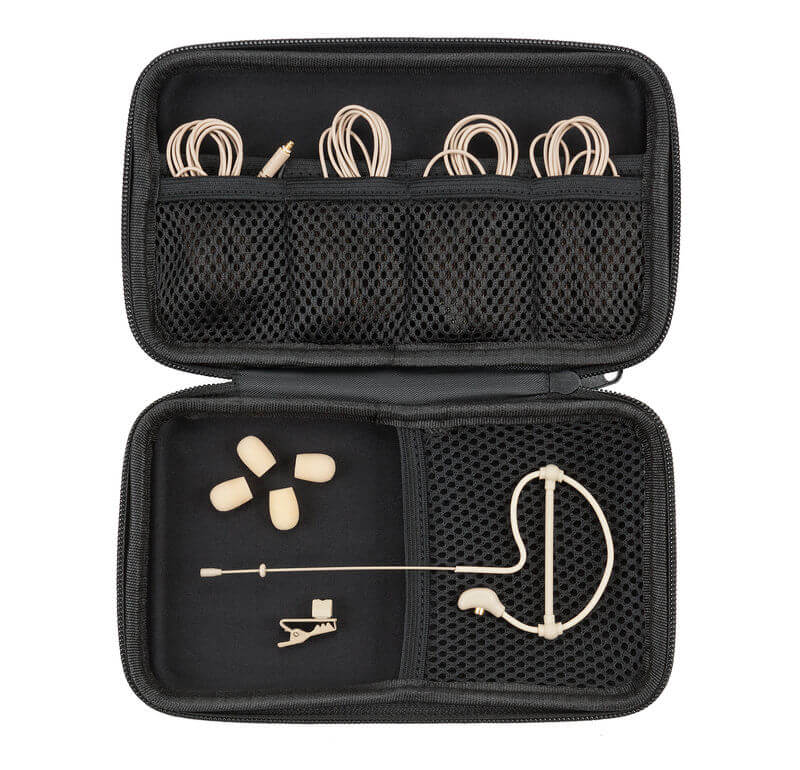 Samson SE50Bx Micro-Miniature Omnidirectional Condenser Headset Microphone in black and tan, displayed in its case.