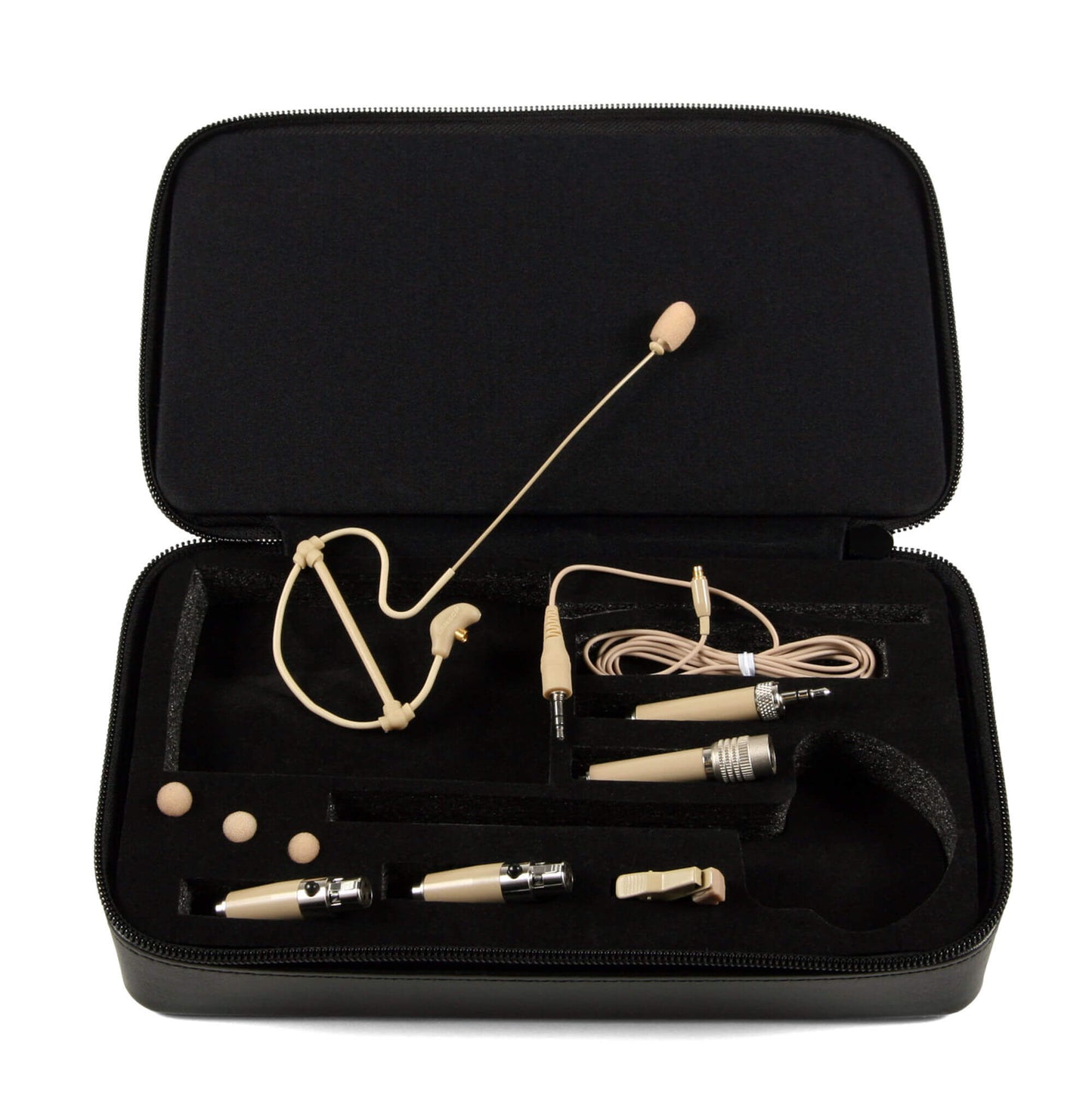 Samson SE50Bx Micro-Miniature Omnidirectional Condenser Headset Microphone in black and tan color, displayed in a case.