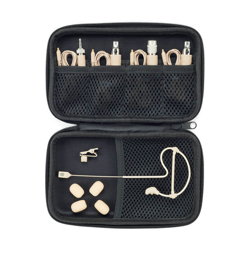 Samson SE60x low-profile miniature cardioid condenser headset microphone with 7.35mm capsule displayed with its case opened.