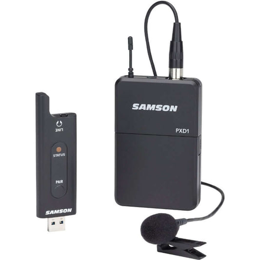 Samson Stage XPD2 BLM8 wireless system featuring a beltpack transmitter and LM8 lavalier microphone.