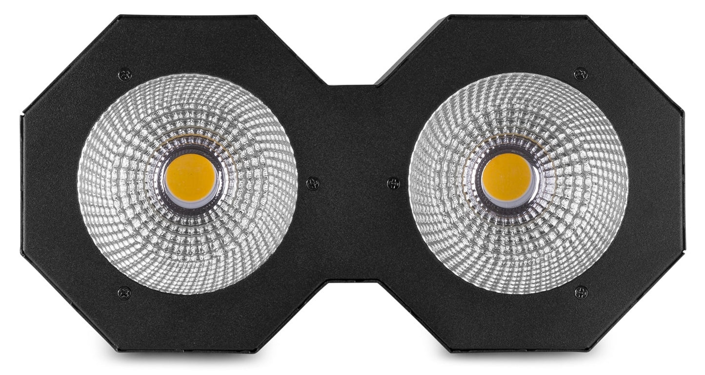 Front view of the beamZ SB200 Stage Blinder featuring 2x 50W COB LEDs with DMX control.