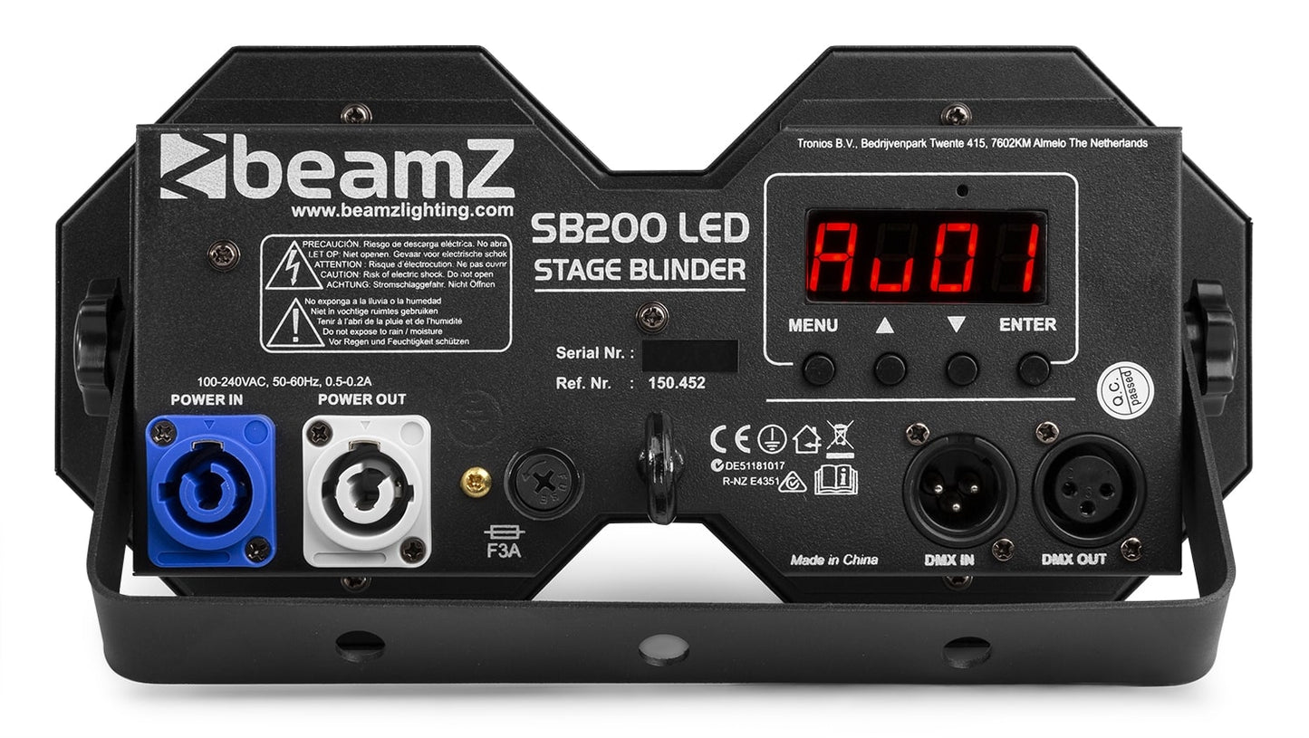 Back view of the beamZ SB200 Stage Blinder featuring 2x 50W COB LEDs with DMX control.