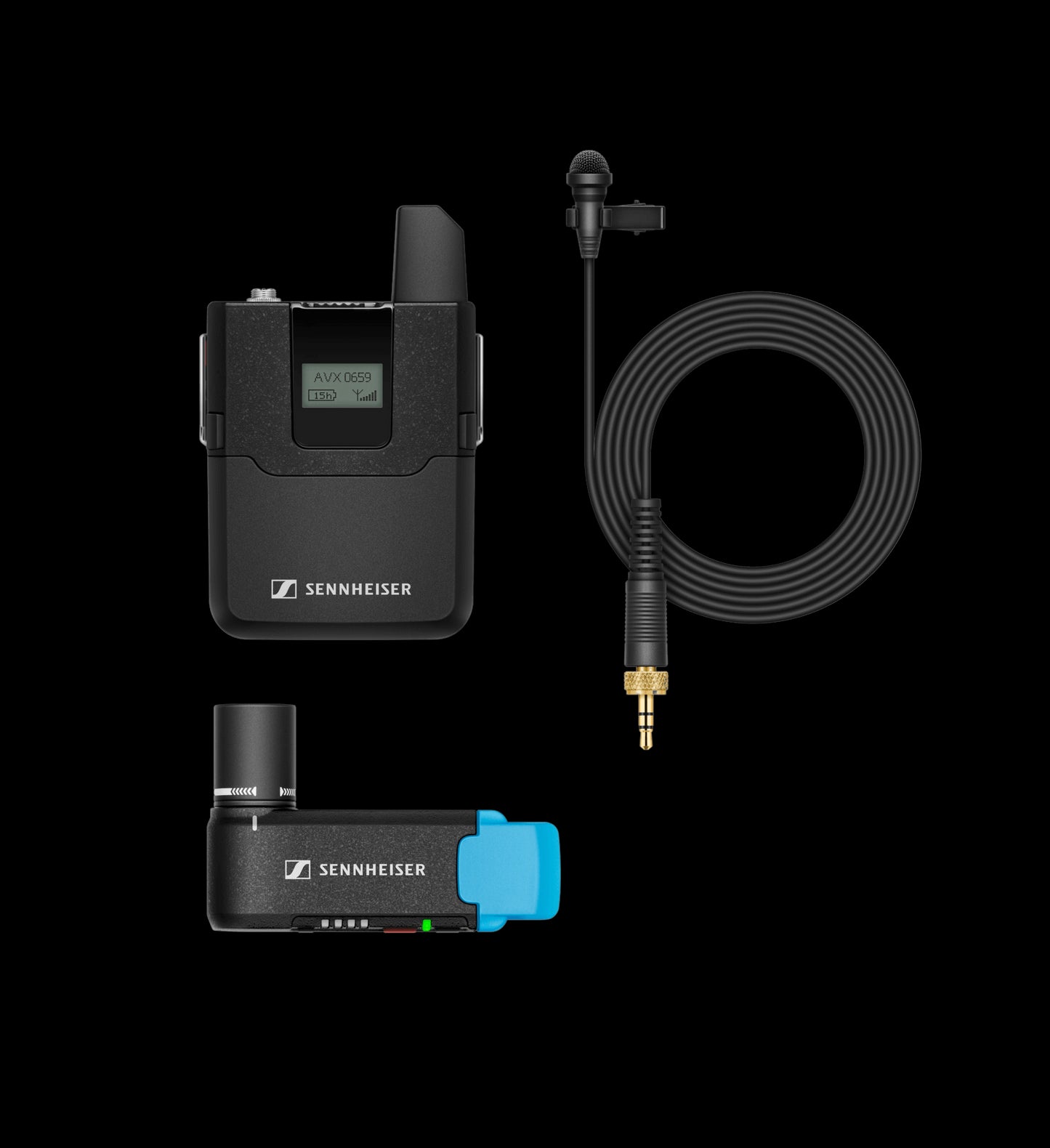 Sennheiser AVX-ME2 SET-3-EU Lavalier Set with ME 2 Capsule, 1880-1900MHz - Product shot of the lavalier set including the microphone and accessories.