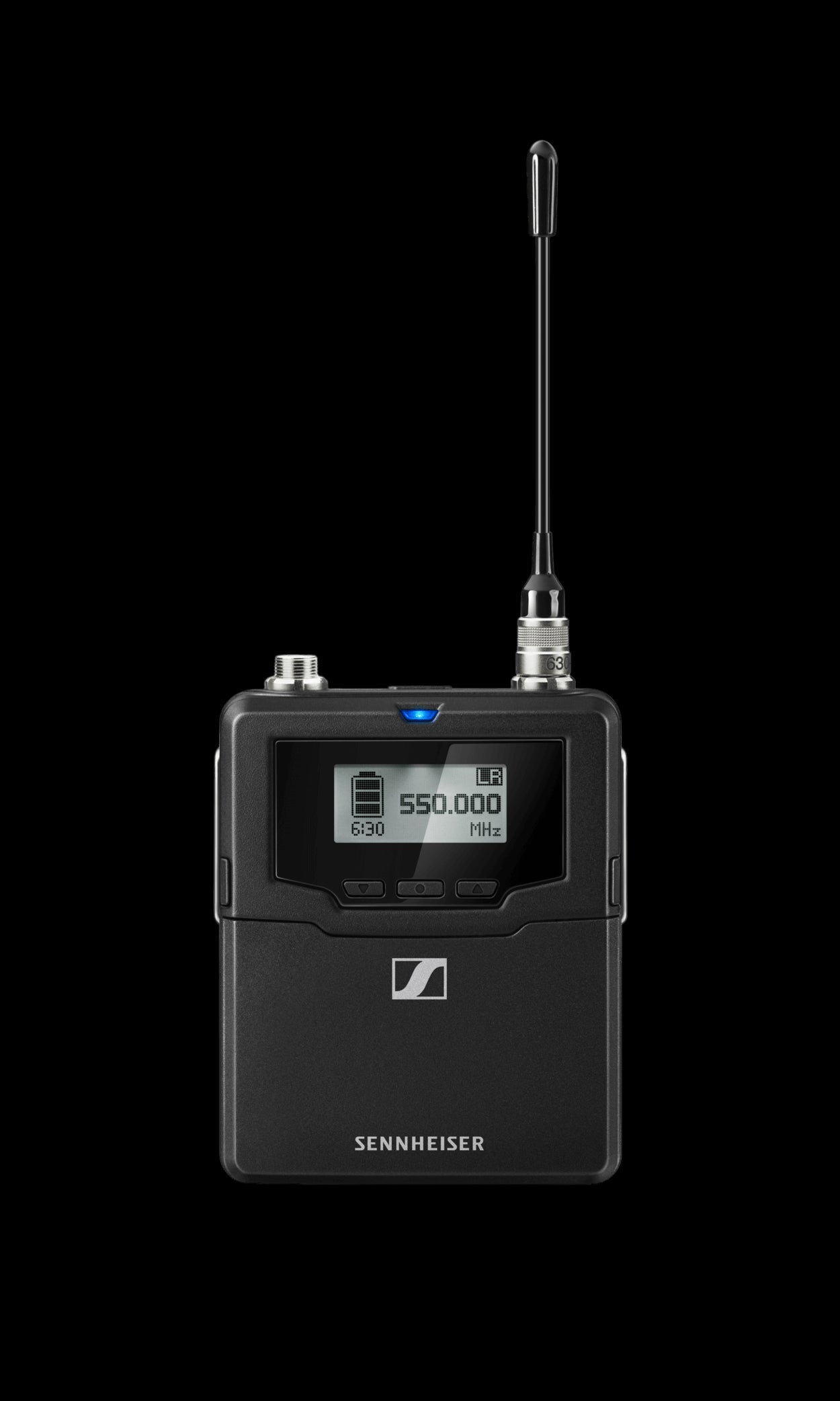 Front view of the Sennheiser SK 6000 BK B1-B4 Bodypack Digital Transmitter, featuring long range mode and operating in the 630-718MHz frequency range.