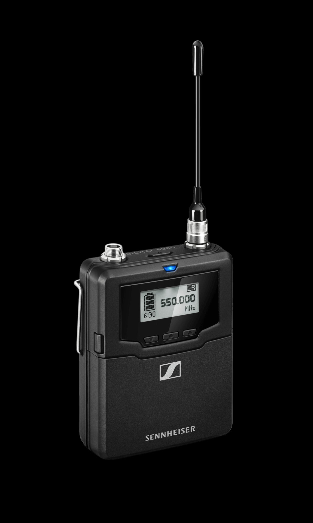 Sennheiser SK 6000 BK B1-B4 Bodypack Digital Transmitter in long range mode, covering frequency range 630-718MHz. The image shows the front view of the transmitter.