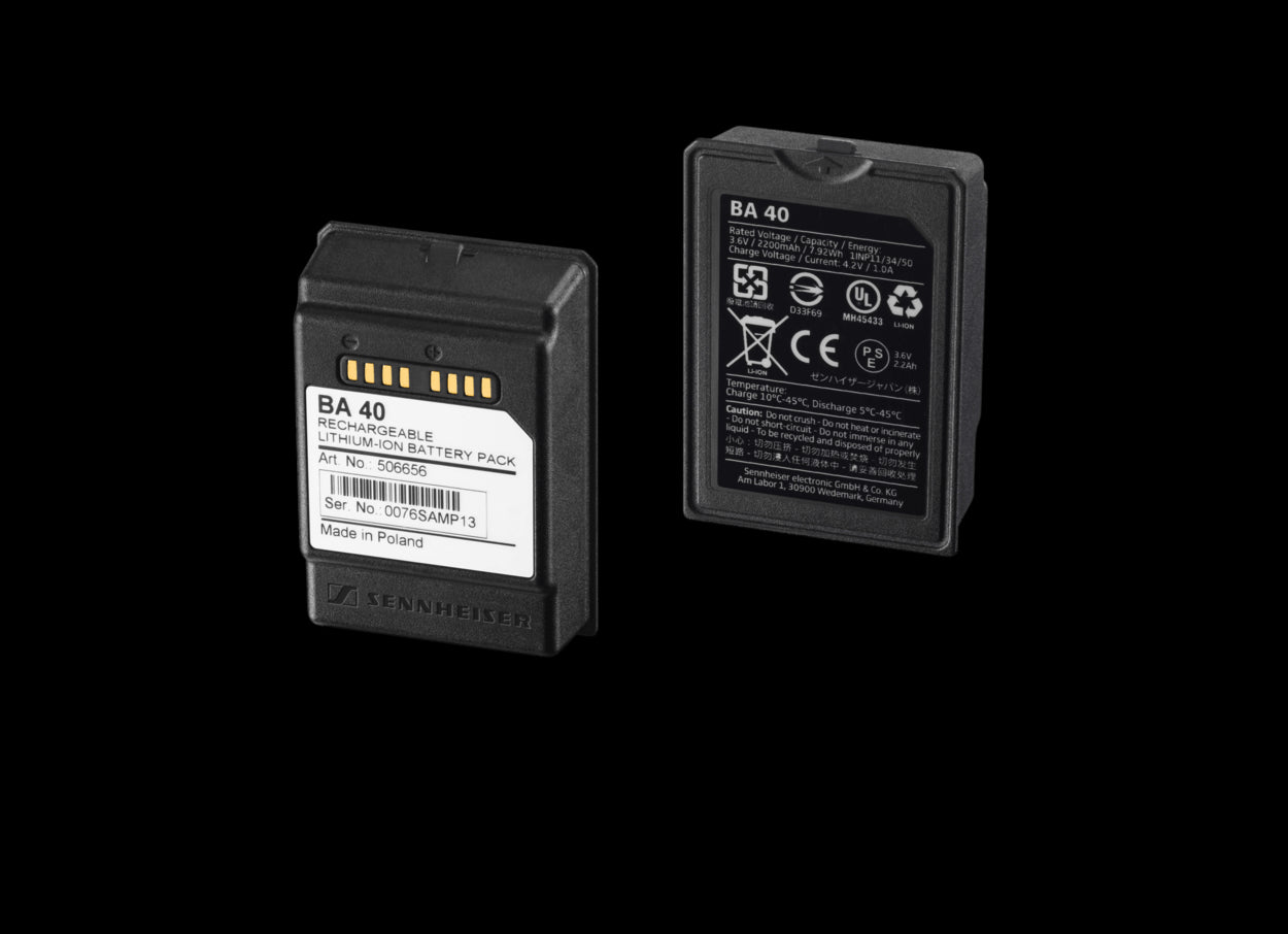 Image of the Sennheiser BA 40 Li-ion Rechargeable Battery, 3.6V, showing the battery in a cutout style.