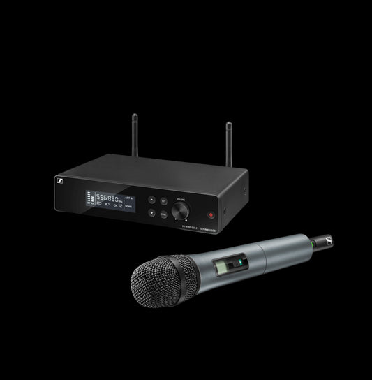 Front view of the Sennheiser XSW 2-865-B Wireless Handheld Vocal Set, including a microphone and receiver, tuned to 614-638MHz frequency range.